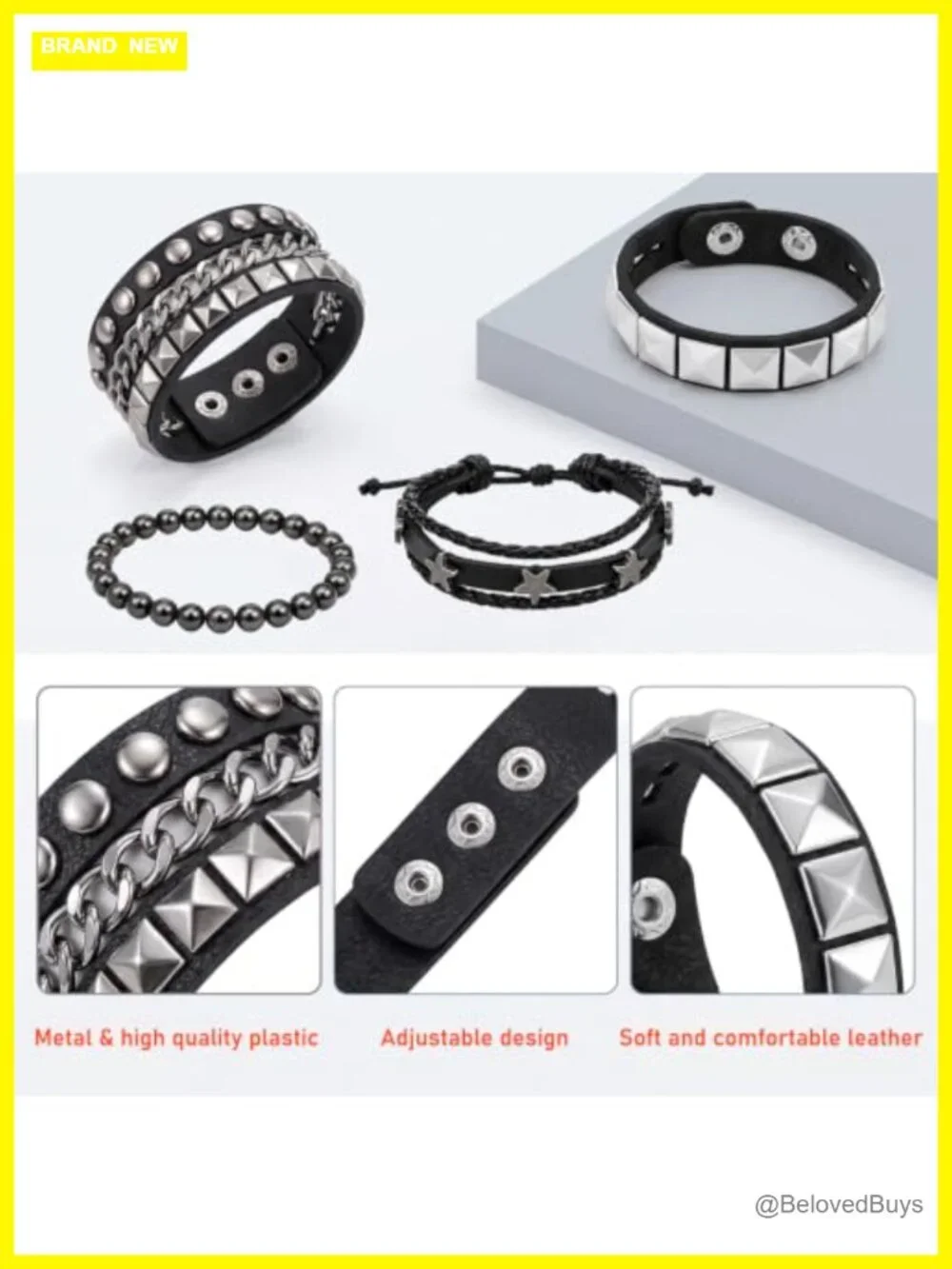 4 Pc Leather Spiked Bracelets Set PU Alloy Cuff Punk Gothic